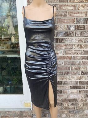 Silver Ruched Metallic Slip Midi Formal Dress Size Medium